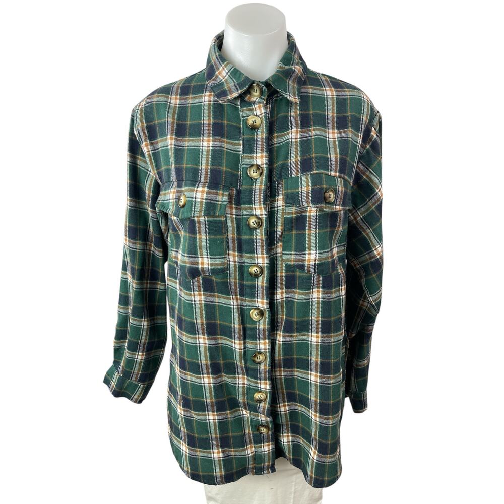 Missguided Women's Green Plaid Flannel Long Sleeve Button Down Shirt Top Size 4